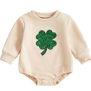 St Patricks Day Sequin Shamrock Bubble Romper Infant Four Leaf Clover Sweatshirt